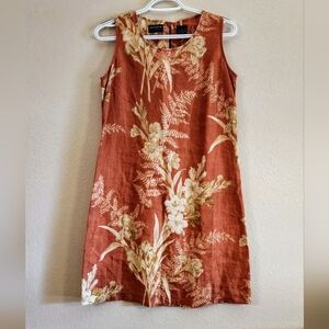 Liz Claiborne Lizsport  100% LINEN Floral Midi Dress Coral & Off White